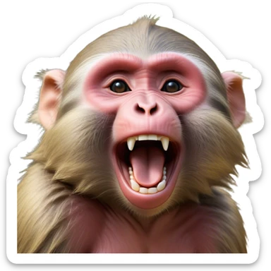 Cinematic Realistic Cute Yawning Baboon Portrait Emoji, Head tilted slightly with a dramatic, wide-open yawn, showcasing a soft, textured face with gently drooping features and half-closed, drowsy eyes, rendered with lifelike natural detail and warm shadows, high shine, relaxed yet expressive, styled with a dash of wild charm, soft glowing outline, capturing the essence of a sleepy yet affectionate baboon that appears ready to stretch out for a hearty nap! sticker