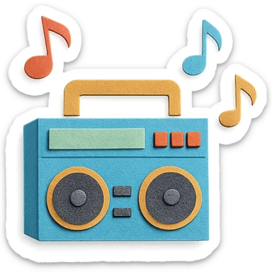 paper-craft style boombox with colorful musical notes floating around sticker
