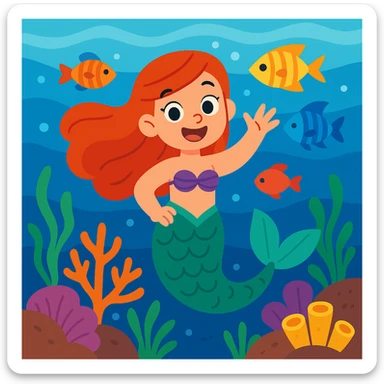 A playful mermaid waving underwater, with colorful fish and coral in the background sticker
