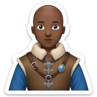 bald, medieval outfit worn by a DnD themed fantasy character. basic rough-spun tunic with a fur-lined collar and a leather strap across the chest. clothes only above the waist. The clothes full waist. The character's haven't arms. character is bald, blue eyes, blacked-skinned man. sticker