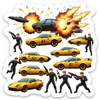 Photorealistic Icon for Action Movies: Close-up Dynamic collage of iconic action movie scenes featuring explosions, fast cars, combat, and weapons. Include silhouettes of famous action heroes, dramatic lighting, and a sense of high-octane energy. Transparent background. sticker