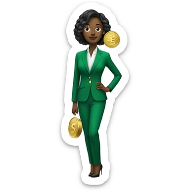 Posh-woman-with-green-suit-holding-golden-coins only head and sholders sticker