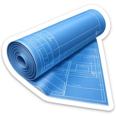 side view of a blue blueprint plan with white lines, partially unrolled sticker