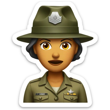 a female drill sergeant character wearing a classic sergeant hat and a camouflage army shirt. The character should have an angry intense expression. full torso sticker