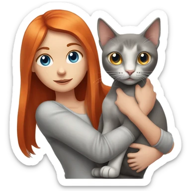 a red-haired girl with blue eyes holds a gray cat with orange eyes and very large ears in her arms sticker