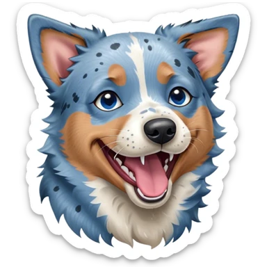 Cinematic Cute Yawning Blue Speckle Australian Cattle Dog Portrait Emoji, Head tilted slightly with a dramatic, wide-open yawn, showcasing a sleek blue speckle Fur with distinct markings, floppy ears slightly drooping, round blue eyes barely open in drowsy contentment, Simplified yet irresistibly adorable features, highly detailed, glowing with a soft, cozy glow, high shine, relaxed yet expressive, stylized with a touch of whimsy, bright and endearing, soft glowing outline, capturing the essence of a sleepy yet affectionate herder, so drowsy it feels like it could stretch out of the screen and curl up for a nap! sticker