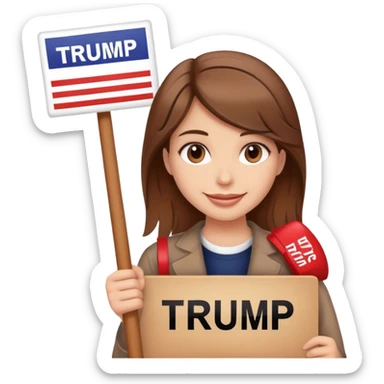 smiling girl with brown hair with a protest Trump sign sticker