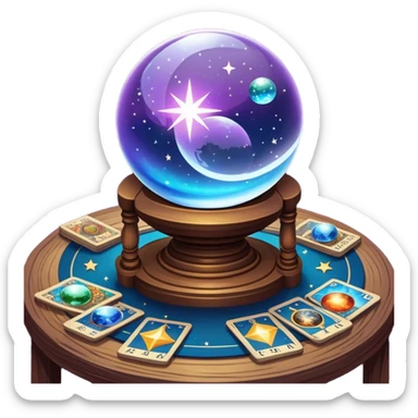 a mystical icon featuring a crystal ball (fortune-telling sphere) on a table with tarot cards scattered around. Surround the scene with planets, stars, and zodiac signs. The design is vibrant, magical, and evoke a sense of mystery and spirituality, with glowing effects and a cosmic atmosphere. sticker