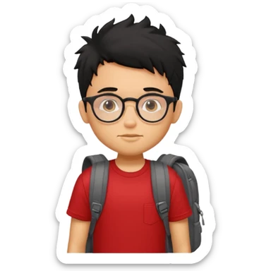 generate a pretty tan bratz boy with glasses and a backpack. black messy hair. wearing a red tshirt. sticker