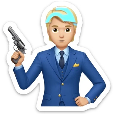 A blond man in a blue suit with a Colt pointing forward. sticker