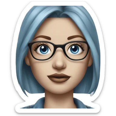 Create a Hyper Realistic pale beautiful tattooed 3D woman with glasses and blue eyes wearing denim jacket sticker