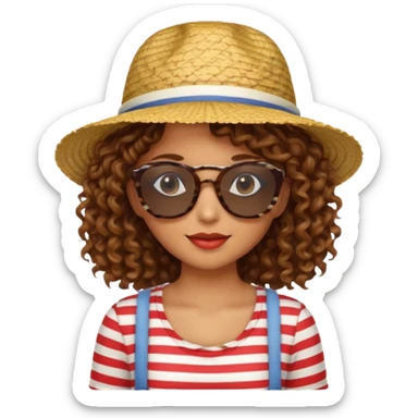 curly hair woman with striped clothing sun glasses and straw hat sticker