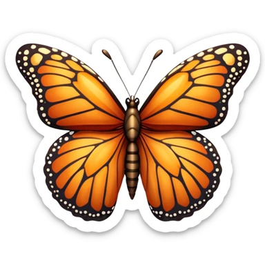 Cinematic Realistic Cute monarch Butterfly Portrait Emoji, Head tilted playfully and inquisitively, featuring vibrantly patterned ruby wings with intricate detailing and a charming, petite body with round, sparkling eyes full of warm curiosity, rendered with lifelike precision and natural highlights, high shine, affectionate and spirited, styled with a touch of whimsical garden delight, soft glowing outline, capturing the essence of a mischievous yet lovable monarch butterfly that seems poised to flutter playfully into your arms! sticker