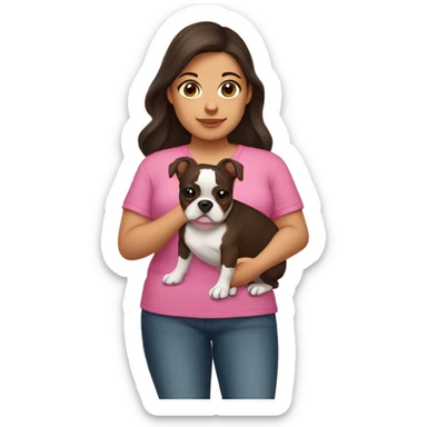 Chubby hispanic girl with brown hair and brown eyes with a pink shirt holding a boston terrier  sticker