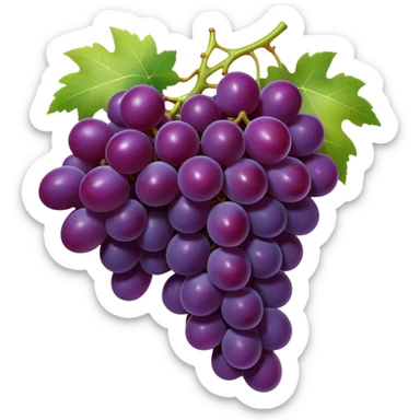 Cinematic Realistic Grapes Emoji, Clustered together in rich purple hues, with smooth, plump skins reflecting light in a glossy, delicate sheen. The stems curve slightly, holding the clusters together like a sweet, natural treasure. Soft glowing outline, capturing the essence of natural sweetness and richness in a bunch of ripe grapes! sticker