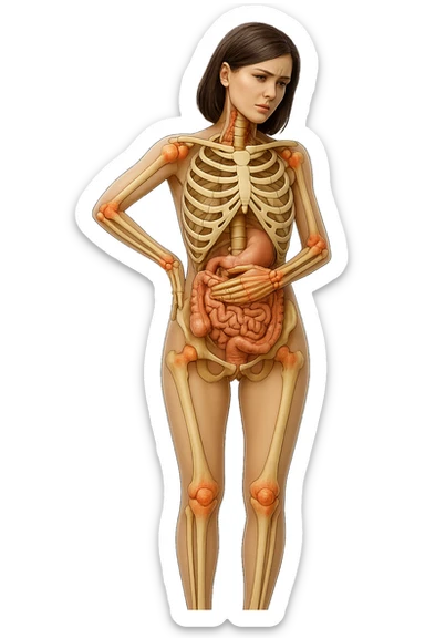 donna realistica a figura intera con red spot sparsi alle ossa, ossa del corpo visibili sul corpo, non sul volto iperrealistico 4k sticker