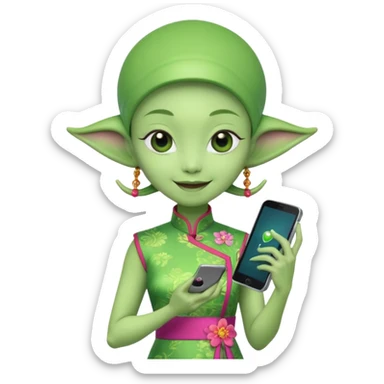 alien with chinese custome dress and smartphone sticker