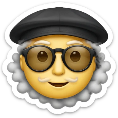A high-res yellow face emoji with black sunglasses and a backwards black cap, smirking with half-lidded eyes and exhaling soft gray-white smoke, with detailed shading, glossy lenses, and realistic smoke wisps. sticker