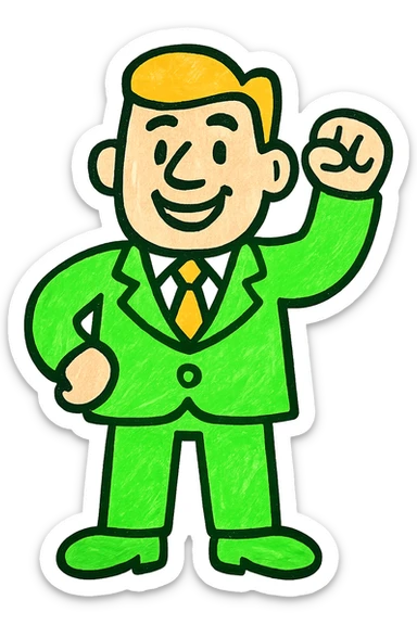 man in suit, modern look, green gold and white color scheme, rounded shapes, simple design sticker
