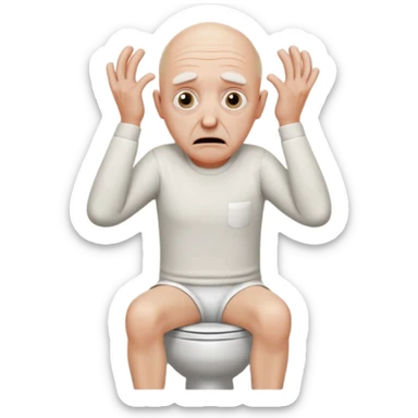 A bald person who’s very old is staring, he’s inside a toilet and his head is upright and looking at the camera with very wide eyes and his hands are putting pressure on his head, very scared expression and he’s shaking his butt sticker