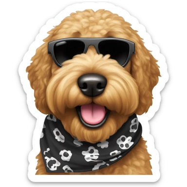 An all black dog breed “golden doodle” wearing sunglasses with a big smile with human like teeth. Also with a bandanna around its neck that says mums favourite  sticker