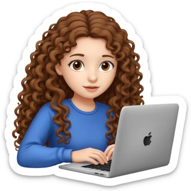A girl with long curly hair is preparing for IELTS online with a laptop. sticker