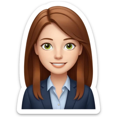 confident CEO named Freya McOmish, smiling, hazel green eyes, straight long hair with a middle part, subtle freckles, modern business style, broad shoulders sticker