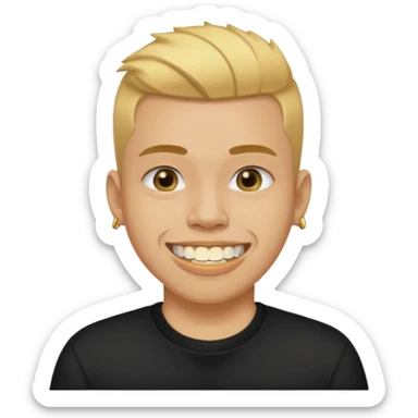 lightskinned person with a taper fade haircut and golden teeth wearing a black tshirt with a white background sticker