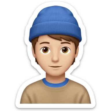 uomo giovane, capelli marroni, pelle chiara, cappello blu e maglione marrone chiaro sticker