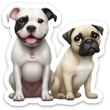 One eyed black and white pitbull sitting with pug sticker