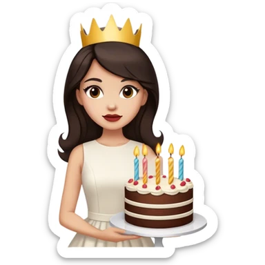 Beautiful woman in 1965’s woman fashion look, white dress, long dark brown hair, birthday cake sticker