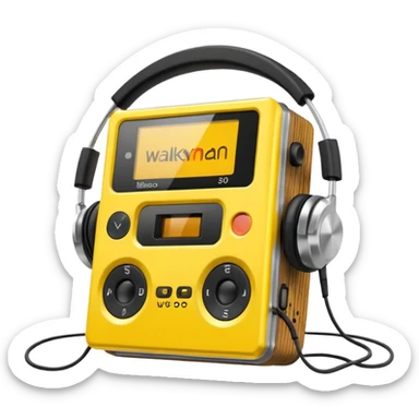 3D render of Walkman, vintage 1980s audio equipment aesthetic, tactile analog buttons, bright sports yellow plastic case with black foam headphones, mixed wood grain and brushed aluminum textures, Apple emoji style, isolated on white background --v 6.0 sticker