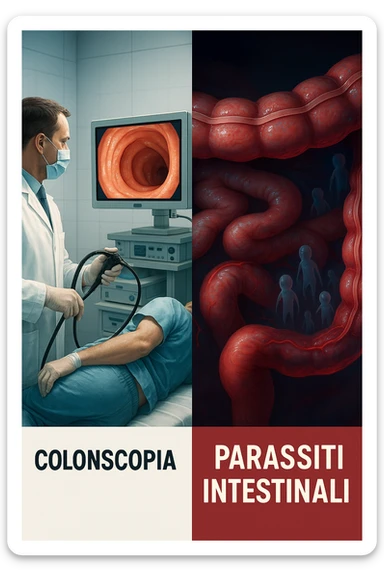A split-screen medical illustration in cinematic style: on the left side, a doctor performing a colonoscopy on a patient in a sterile clinic, with the endoscopic camera displaying clean, healthy mucosal surfaces on a screen. On the right side, a symbolic cross-section of the same intestine — but shown in deeper layers beneath the surface, where parasitic organisms (small, translucent or shadowy figures) hide between folds and tissues not visible via standard scope. The contrast is clear: what is seen vs. what remains hidden. Lighting on the left is bright, sterile, clinical; lighting on the right is darker, with red and blue tones to suggest inflammation and invasion. Shot in hyper-realistic 3D medical style, educational but emotionally charged IN ITALIANO sticker