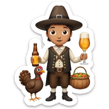 Mexican mandressesd as  pilgram Thanksgiving holding a Turkey drumstick and a bottle beer sticker