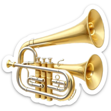 “Flat vector icon of a golden side-view trumpet with three valves, thick outline, on a deep navy blue rounded-square (or circle); 2–3 white or light-blue notes come out of the bell, surrounded by a soft light-yellow glow and a tiny golden star, plus a small speech bubble with the word ‘¡Azúcar!’.  sticker