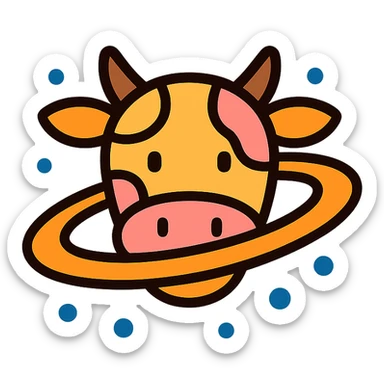 cartoon cow with Saturn's rings, icon style, color outline, playful and simple sticker