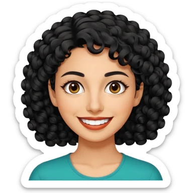 30 year old iranian woman very short curly black hair, big brown eyes, tanned skin, big smile, white teeth, pretty, stylish, shorter hair sticker