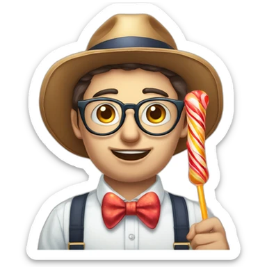 ugly big round frame glasses buckteeth week chin bowtie striped shirt suspenders holding a big lolipop with bad posture and a propeller hat portfolio manager sticker