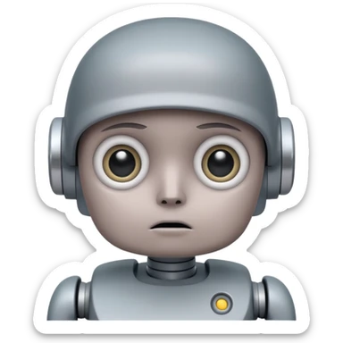 small sad robot, pastel palette, big eyes, frown sticker