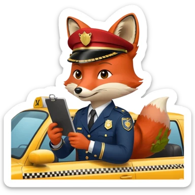 The Fox Is Actually Red Wearing A Officer Outfit Riding On The  Taxi Writing On The Clipboard sticker