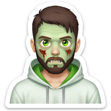 zombie making peace sign, undercut hairstyle with dark brown hair, short full beard, glowing green eyes, wearing plain white hoodie sticker