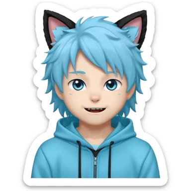 A fluffy anime-style male character with black fur, cat ears, a long fluffy tail, and sharp blue eyes. He wears a light cyan hoodie that says 'Imagine and go with the flow' and matching sweatpants. He has sharp fangs that show when he smiles, giving him a playful but mysterious vibe. sticker