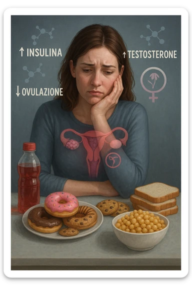 Donna tra i 25 e i 35 anni con espressione affaticata e delusa, seduta a tavola. Davanti a lei cibi ad alto indice glicemico: dolci industriali, cereali raffinati, bibite zuccherate. In trasparenza sopra il suo corpo si vedono ovaie con cisti multiple (PCOS) e un simbolo stilizzato di fertilità (utero con fiore appassito o cerchio spezzato). Attorno a lei fluttuano molecole simboliche come '↑ Insulina', '↑ Testosterone', '↓ Ovulazione'. Atmosfera triste ma educativa. Colori freddi con accenti in rosso e viola. Stile realistico con elementi visivi simbolici chiari in italiano sticker