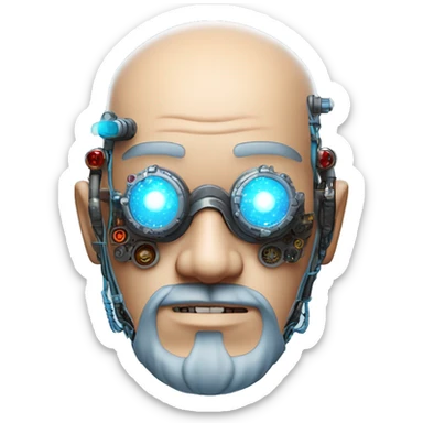  Bald Asian male cyborg head with light blue beard, red steampunk goggles and circuits sticker