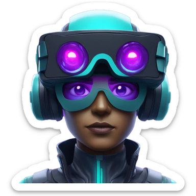 Secret human agent in a futuristic hat with in Apple VR goggles headset code display on the goggles , cyberpunk, cyan and purple colors, only upper body portrait, front facing the camera  sticker