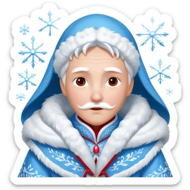 Legendary fantasy human Christmas portrait icon, Grandfather Frost and Snow Maiden style, traditional winter robe with fur, magical snow patterns, kind powerful expression, icy blue and white colors with red accents, classic Slavic winter fairy tale mood, clean readable emoji style, male/female sticker