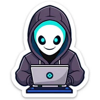 Menacing robot hacker in dark hoodie with glowing screens, digital circuits, malicious smile sticker