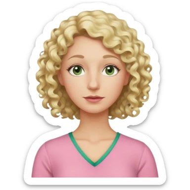 a woman in her late 40s and has greyish greenish eyes and blonde curly hair wearing a pink top  triangle nose sticker