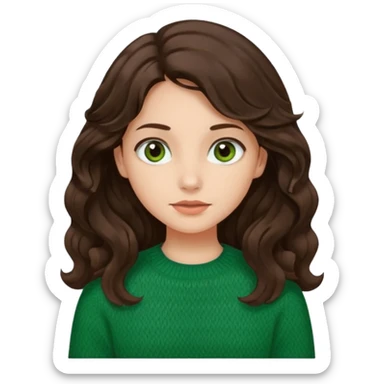 Una chica güera con pelo ondulado, café oscuro, largo, ojos cafés oscuros y con suéter o camisa verde sticker