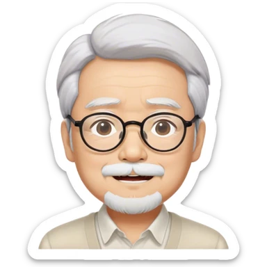 ​Cinematic Realistic Portrait of Hayao Miyazaki, depicted with defined black eyebrows, and large rectangular glasses, his happy expression rendered in lifelike detail, illuminated with soft, realistic lighting that emphasizes his creative genius, sticker
